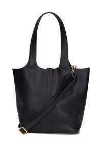 Zwarte leren tote bag met een textuurafwerking, twee korte handvatten en een afneembare schouderriem. Beschikt over een centrale naad en gouden hardware.