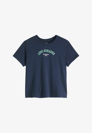 Camiseta de algodón azul marino con mangas cortas, cuello redondo y texto bordado en verde que dice "LEVI STRAUSS Established 1873" en el frontal.