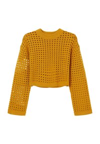 Gelber, verkürzter Pullover mit einer lockeren Strickmusterung, langen Ärmeln und einem gerippten Hals- und Saumabschluss. Mit quadratischen Öffnungen im gesamten Design.