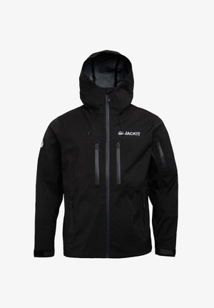 Czarna, wodoodporna kurtka z kapturem, zamykanymi kieszeniami i regulowanym dołem; ma logo na klatce piersiowej oraz odblaskowe akcenty.