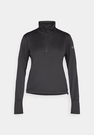 Pull-over noir à fermeture quart de zip avec manches longues, fabriqué dans un tissu texturé et extensible. Présente un logo discret sur la manche gauche.