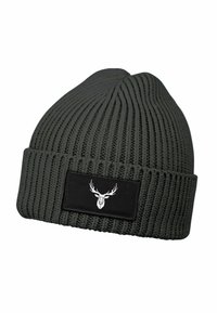 Dark green ribbed knit beanie with a turned-up cuff. Features a black rectangular patch with a white deer illustration in the center.