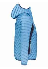 Světle modrá péřová bunda s kapucí. Má diagonální prošívání, přední zip a kontrastní námořnické detaily na vnitřním podšívce.