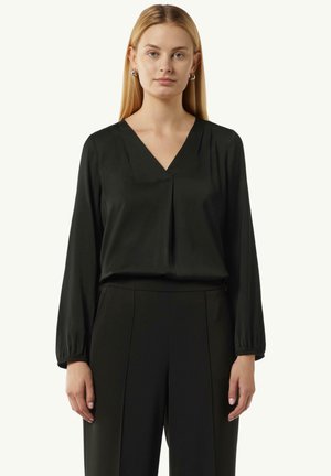 Black blouse with a v-neck, long sleeves, and a pleated front. The fabric has a smooth texture and a slightly glossy finish.