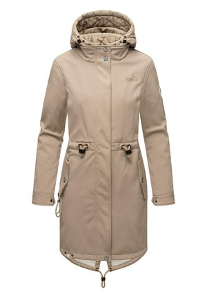 Beige hettejakke med quiltet for, justerbar snor i midjen, trykknapper og sidelommer. Glatt tekstur og knelengde design.