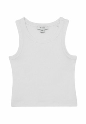 Hvid tanktop lavet af ribbet bomuld. Har en rund halsudskæring og sansætte design. Etiketten er synlig ved halsen med størrelseoplysninger.