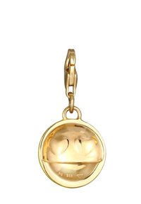 Gouden charme met een rond, lachend gezicht ontwerp. Gemaakt van sterling zilver, met een glanzende afwerking en een stevige karabijnhaak.