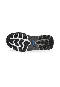 Running shoe sole with a black rubber base, grey accents, white midsole, and textured grip pattern. Features directional grooves for traction.