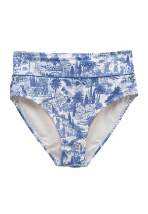 Bikinislip mit hohem Bund und blau-weißem Landschaftsprint mit Palmen, Gebäuden und Bögen.