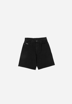 Black denim shorts with a straight cut, featuring two front pockets, a button fly, and brand logo on the left pocket. Smooth texture.