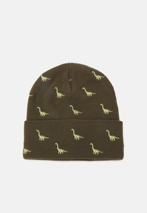 Beanie verde lavorato a maglia con ricamo ripetuto di dinosauri verde chiaro, orlo piegato e una consistenza morbida.