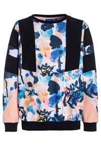 Sudadera multicolor con un estampado floral sobre un fondo claro, con acentos en negro y rosa en las mangas y el cuerpo. Material de algodón.