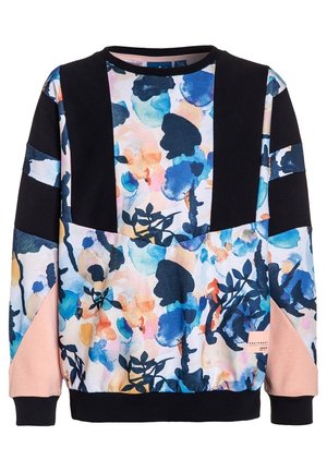 Sudadera multicolor con un estampado floral sobre un fondo claro, con acentos en negro y rosa en las mangas y el cuerpo. Material de algodón.