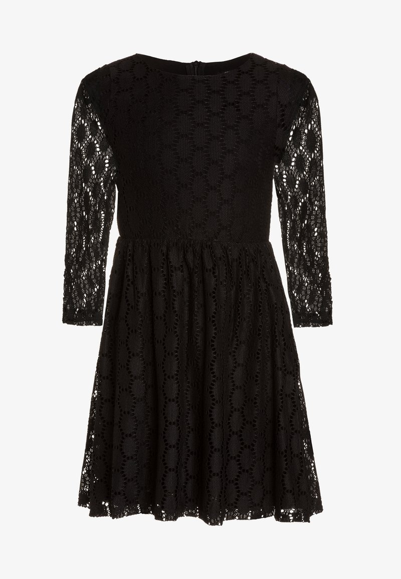 Robe en dentelle noire à manches longues, corsage cintré, taille froncée et jupe évasée avec un motif de découpes circulaires.