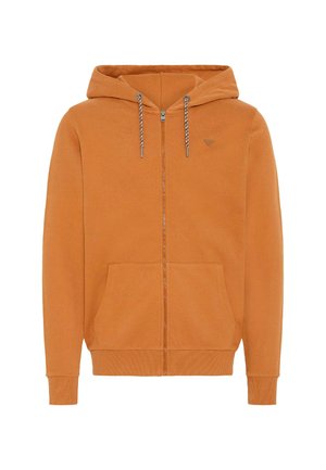 Hanorac zip-up portocaliu dintr-un material moale, cu glugă reglabilă, două buzunare frontale, manșete din tricot și un mic logo pe piept.