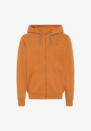 Orange Zip-Hoodie aus weichem Material, mit einer Kapuze mit Kordelzug, zwei Fronttaschen, gerippten Bündchen und einem kleinen Logo auf der Brust.