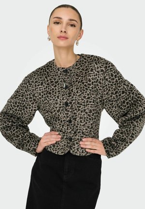 Leopard print textured cardigan with a round neckline, front buttons, and long sleeves, paired with a black skirt.