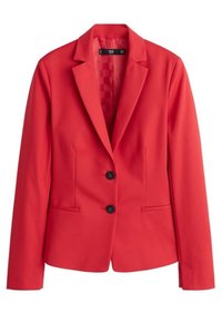 Rød skræddersyet blazer med stiklapeller, to sorte knapper, lange ærmer og to forreste welt-lommer.