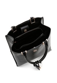 Borsa a mano nera in pelle con doppi manici superiori, hardware in tono oro, scomparti con zip e una finitura texture. L'interno presenta numerose tasche.