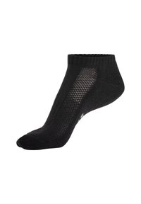 Schwarze Knöchel-Socken aus strukturiertem Material, mit einem netzartigen Muster an der Seite und einem gerippten Bündchen für einen sicheren Sitz.