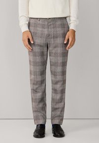 Grau- und braun-karierte Hose aus strukturiertem Stoff mit geradem Schnitt, Fronttaschen und Knopfverschluss.