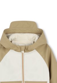 Giacca leggera con cappuccio beige e corpo crema. Presenta una chiusura frontale con zip, due tasche grandi e un morbido rivestimento interno.