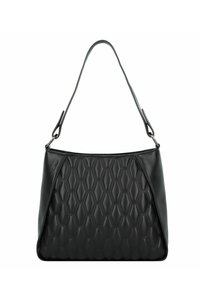 Black handbag featuring a quilted honeycomb pattern, smooth leather texture, a single shoulder strap, and a sleek, structured design.