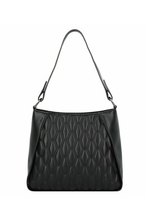 Schwarze Handtasche mit einem gesteppten Wabenmuster, glatter Ledertextur, einem einzelnen Schulterriemen und einem schlanken, strukturierten Design.