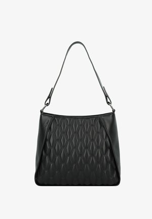 Black handbag featuring a quilted honeycomb pattern, smooth leather texture, a single shoulder strap, and a sleek, structured design.