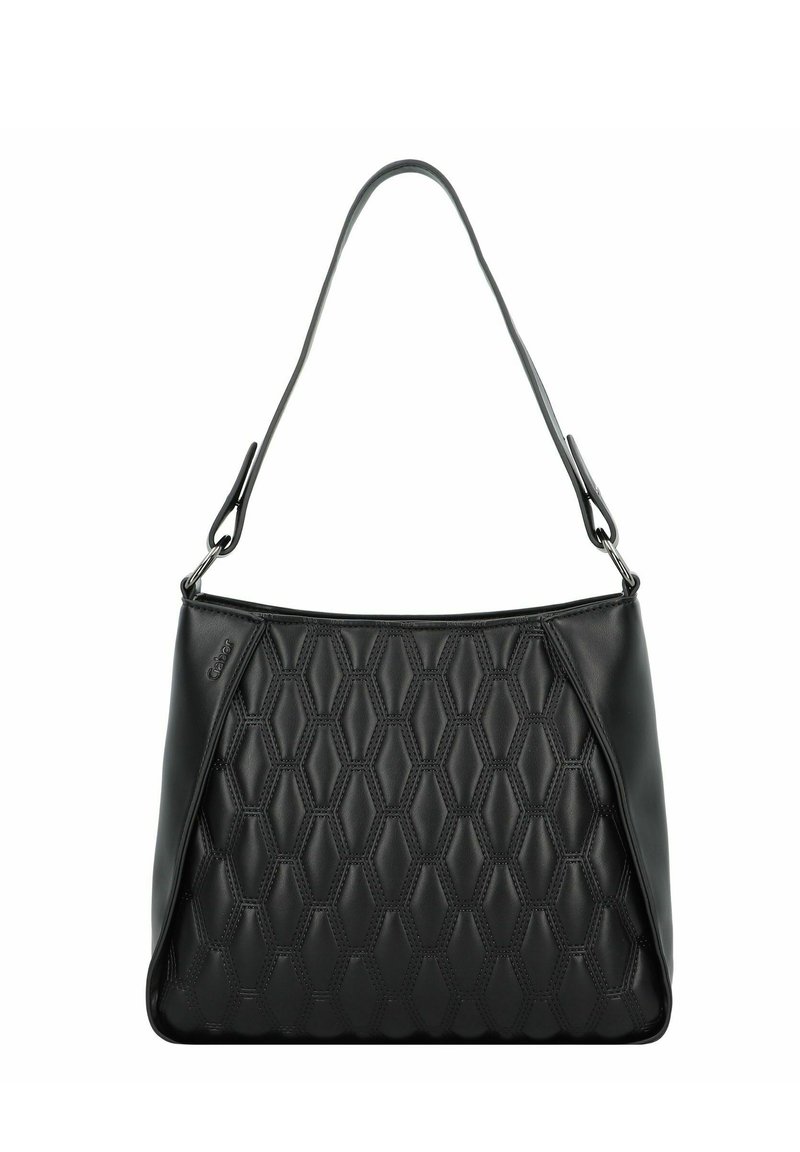 Black handbag featuring a quilted honeycomb pattern, smooth leather texture, a single shoulder strap, and a sleek, structured design.