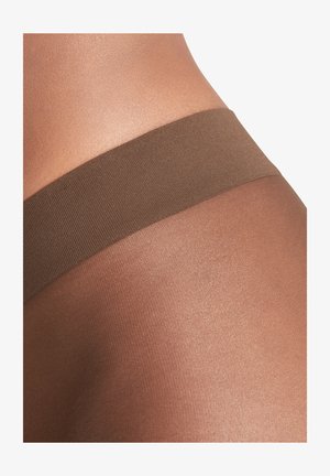 Läpinäkyvät ruskeat sukkahousut, joissa on sileä pinta ja leveä, kiinteä elastinen vyötärö, joka on samansävyinen ruskea.
