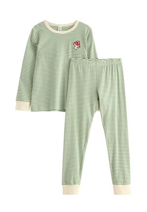 Gestreiftes Pyjamaset in Grün und Weiß, bestehend aus einem Langarmoberteil mit einem Design von Pilzen und einer Hose mit elastischem Bund. Weicher Stoff, gerippte Bündchen.