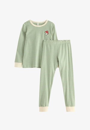 Set de pijamale cu dungi verzi și albe, care include o bluză cu mâneci lungi decorată cu un design de ciuperci și pantaloni cu talie elastică. Material moale, cu manșete ondulate.