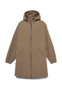 Veste longue à capuche de couleur beige, dotée d'une fermeture éclair frontale complète, de poignets élastiques et de deux grandes poches inclinées. Tissu lisse et léger.