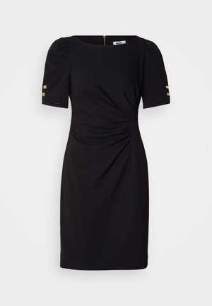 Black dress with short puff sleeves and a round neckline. Features gathered detailing at the waist and gold accent buttons on the sleeves.