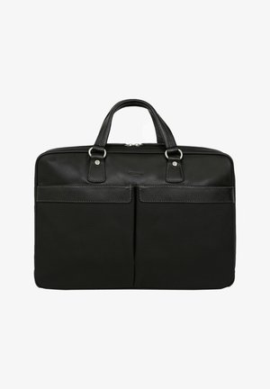 Borsa per laptop nera in pelle e tessuto testurizzato, con due tasche frontali, doppio manico superiore e chiusura con zip. Design minimalista.