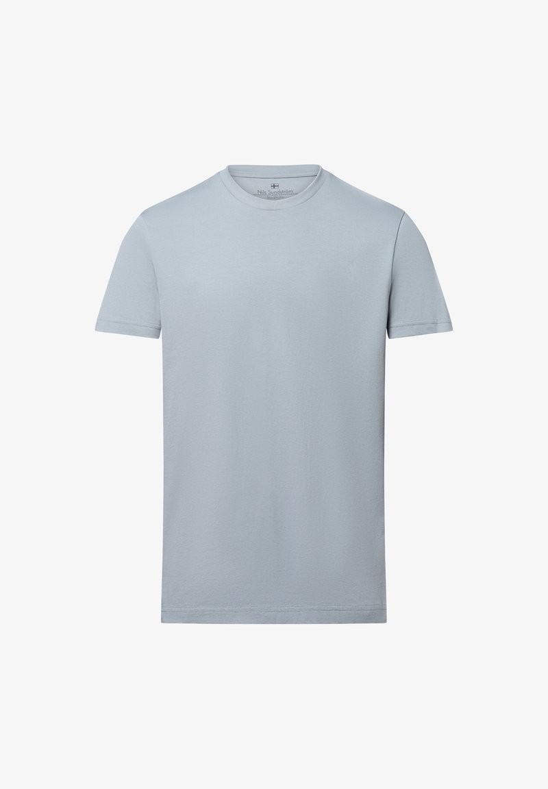 Lichtblauw T-shirt met korte mouwen, gemaakt van zachte katoen, met een ronde halslijn en een schone, eenvoudige uitstraling zonder patronen of accenten.