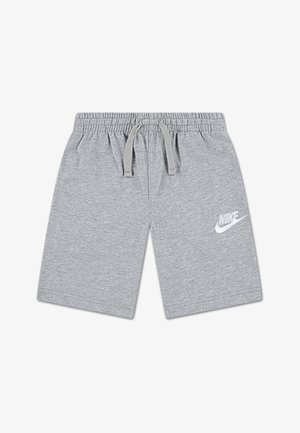 Grå bomullsshorts med elastisk linning og snøring. Har en hvit Nike-logo på venstre side. Glatt tekstur, midtlår lengde.