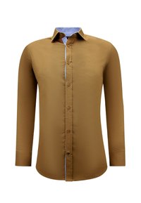 Bruine lange mouwen shirt met een blauwe kraagvoering, knoopsluiting en een slim fit ontwerp. Beschikt over een steentextuur en bijpassende knopen.