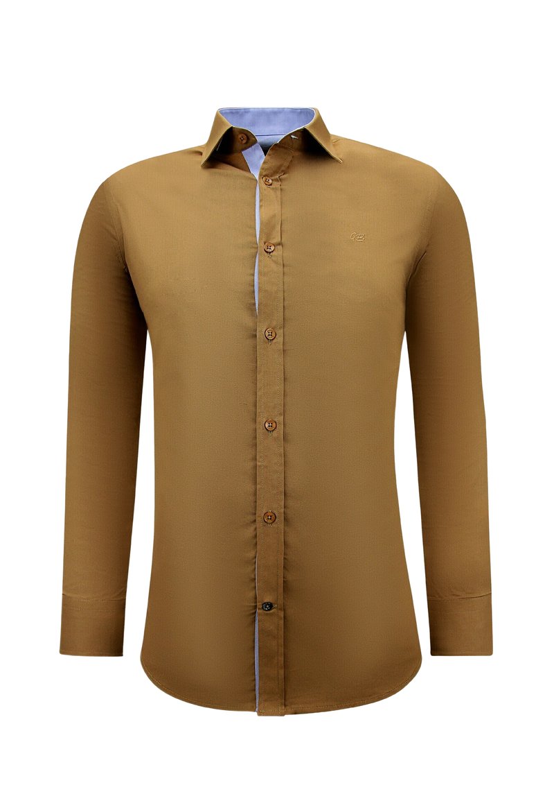 Bruine lange mouwen shirt met een blauwe kraagvoering, knoopsluiting en een slim fit ontwerp. Beschikt over een steentextuur en bijpassende knopen.