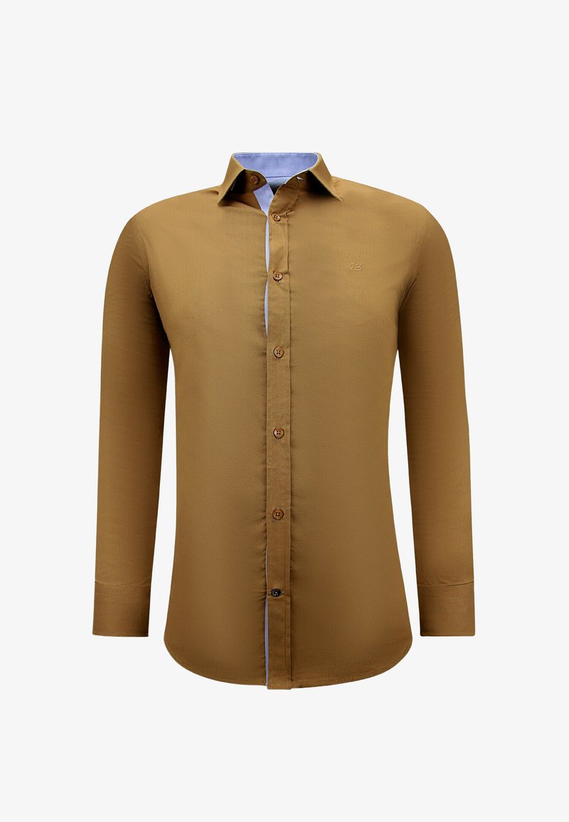 Bruine lange mouwen shirt met een blauwe kraagvoering, knoopsluiting en een slim fit ontwerp. Beschikt over een steentextuur en bijpassende knopen.