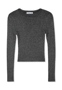 Czarny sweter z prążkowanym wykończeniem, długi rękaw, okrągły dekolt i dopasowany fason, wykonany z fakturowanej dzianiny. Metka wskazuje rozmiar 'S'.