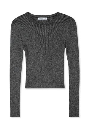 Maglione a maniche lunghe nero a costine con scollatura rotonda e forma aderente, realizzato in tessuto a maglia testurizzata. L'etichetta indica la taglia 'S'.