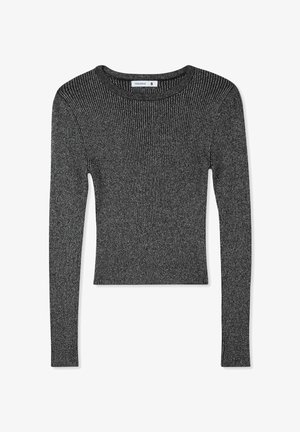 Maglione a maniche lunghe nero a costine con scollatura rotonda e forma aderente, realizzato in tessuto a maglia testurizzata. L'etichetta indica la taglia 'S'.