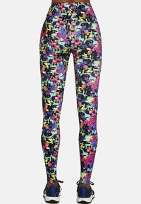 Legginsy z wysokim stanem w kolorowym abstrakcyjnym wzorze z różowym, żółtym i niebieskim na czarnym tle. Gładki materiał i dopasowany krój.