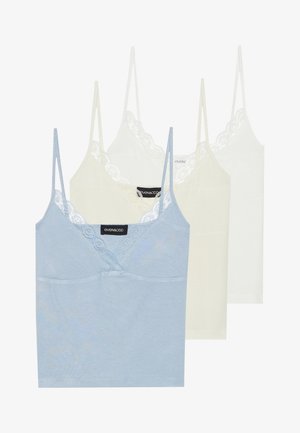 Três camisas de alças: azul claro, creme e branco. Feitas de um tecido suave com um acabamento de renda ao longo do decote e alças finas ajustáveis.