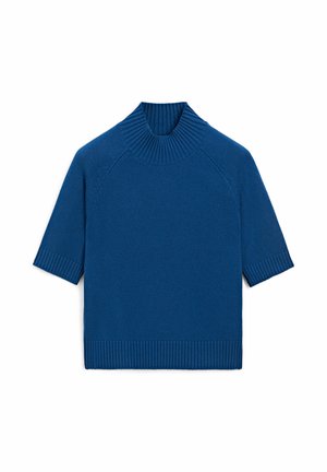 Maglione corto a maniche corte blu lavorato a maglia con collo alto a coste, polsini e orlo, disteso su uno sfondo bianco.