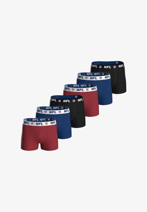 Set aus sechs Herren-Boxershorts in Rot, Blau und Schwarz mit NFL-Logos auf den elastischen Bundabschlüssen. Weicher Stoff mit figurbetontem Design.