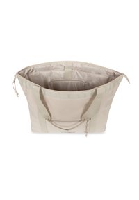 Borsa tote beige con due robuste maniglie, ampia superficie interna e una tasca con zip. Realizzata in tela con una texture liscia e dettagli grigio chiaro.