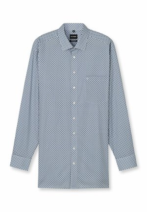 Langärmliges Hemd mit blau-weißem Muster, mit durchgehender Knopfleiste, Kragen und abgerundetem Bund, aus strukturiertem Stoff gefertigt.